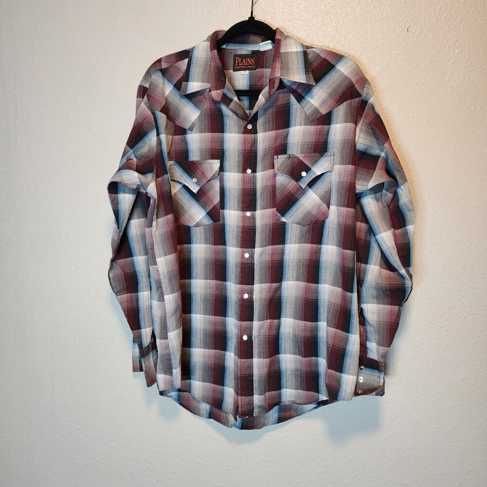 Vintage Plains Western Wear Pearl Snap Long Sleeve Plaid Shirt Men's Medium